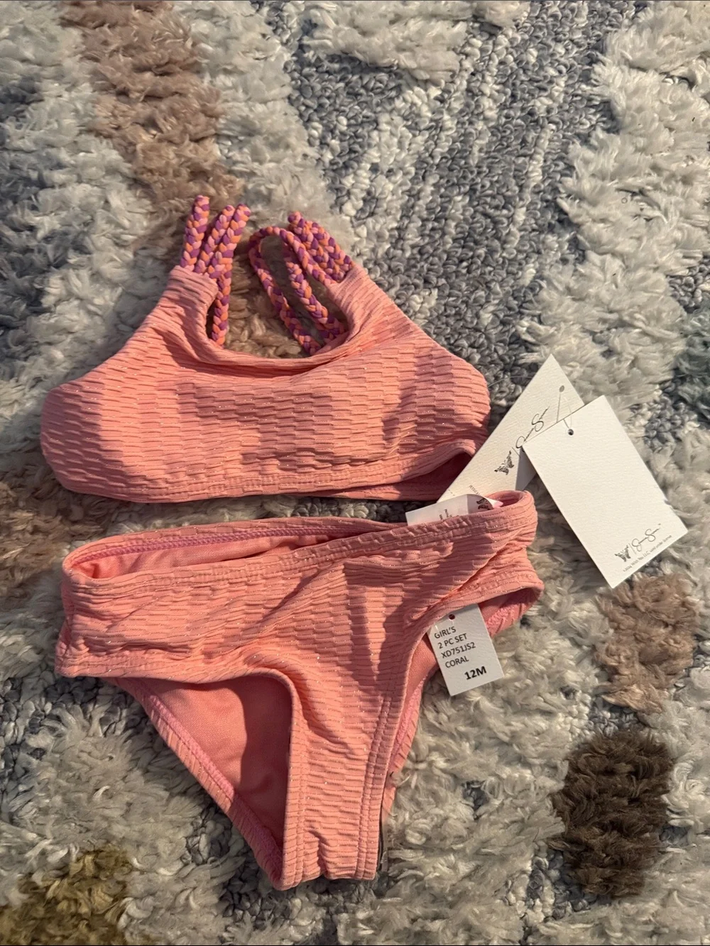 Jessica Simpson Coral/ Pink Textured Bikini with Braided Straps